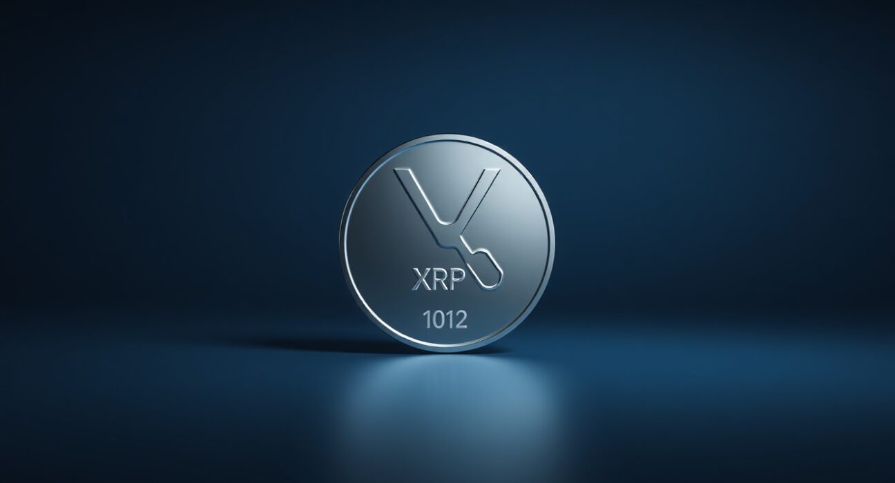 Close-up of a metallic XRP token on a dark, grid-like background, representing cryptocurrency market analysis.