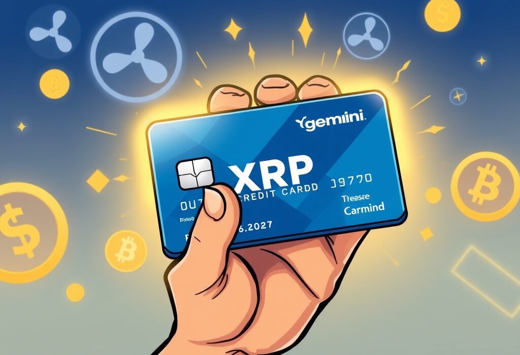 A vibrant cartoon depicting the launch of the new XRP credit card, symbolizing a groundbreaking partnership between Gemini and Ripple for crypto rewards.
