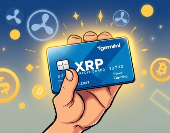 A vibrant cartoon depicting the launch of the new XRP credit card, symbolizing a groundbreaking partnership between Gemini and Ripple for crypto rewards.