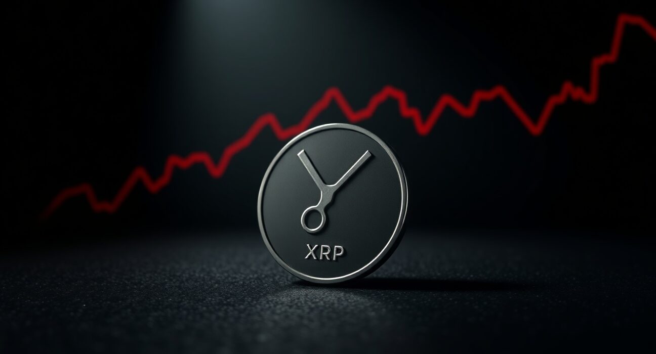 Close-up of an XRP coin on a dark trading desk with a bearish chart in the background.