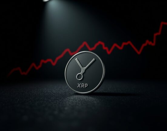 Close-up of an XRP coin on a dark trading desk with a bearish chart in the background.