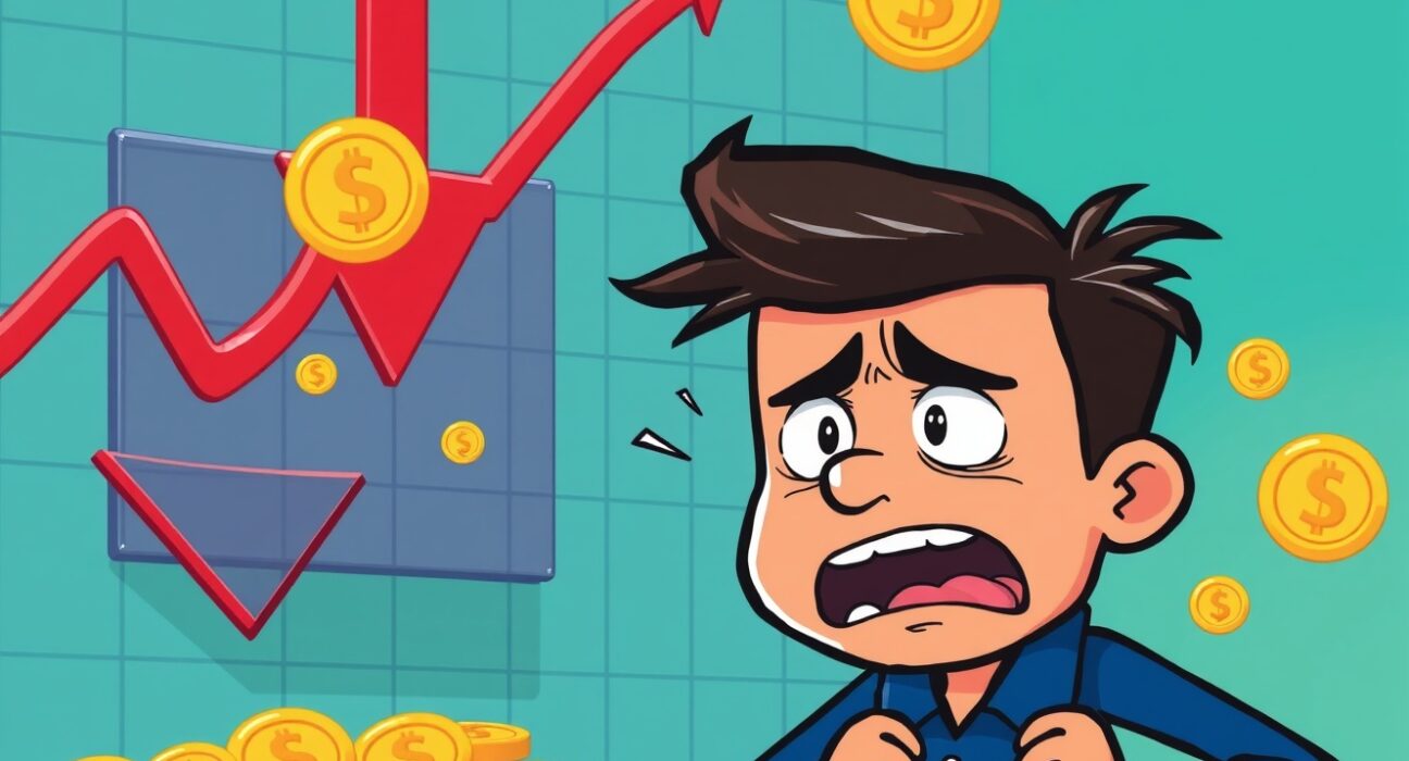 Cartoon illustration showing XRP daily realized losses with falling coins and concerned investors
