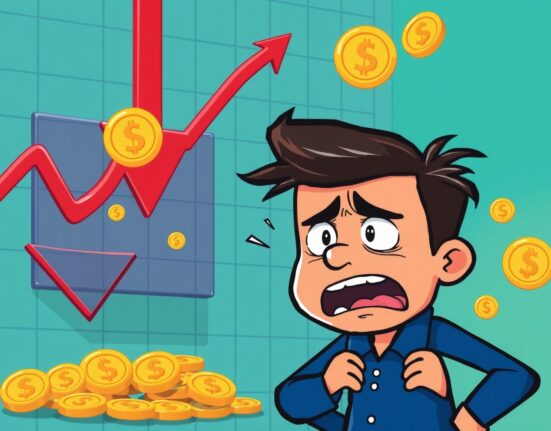 Cartoon illustration showing XRP daily realized losses with falling coins and concerned investors
