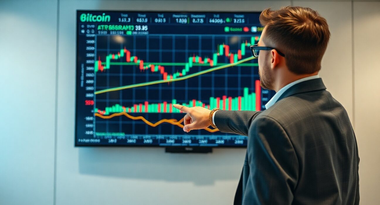 Trading screen showing cryptocurrency price charts with analyst pointing