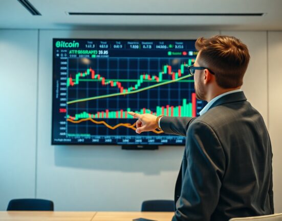 Trading screen showing cryptocurrency price charts with analyst pointing