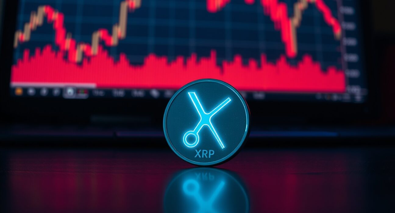 Dimly lit XRP token icon with a red downtrend chart in the background, symbolizing bearish market conditions.
