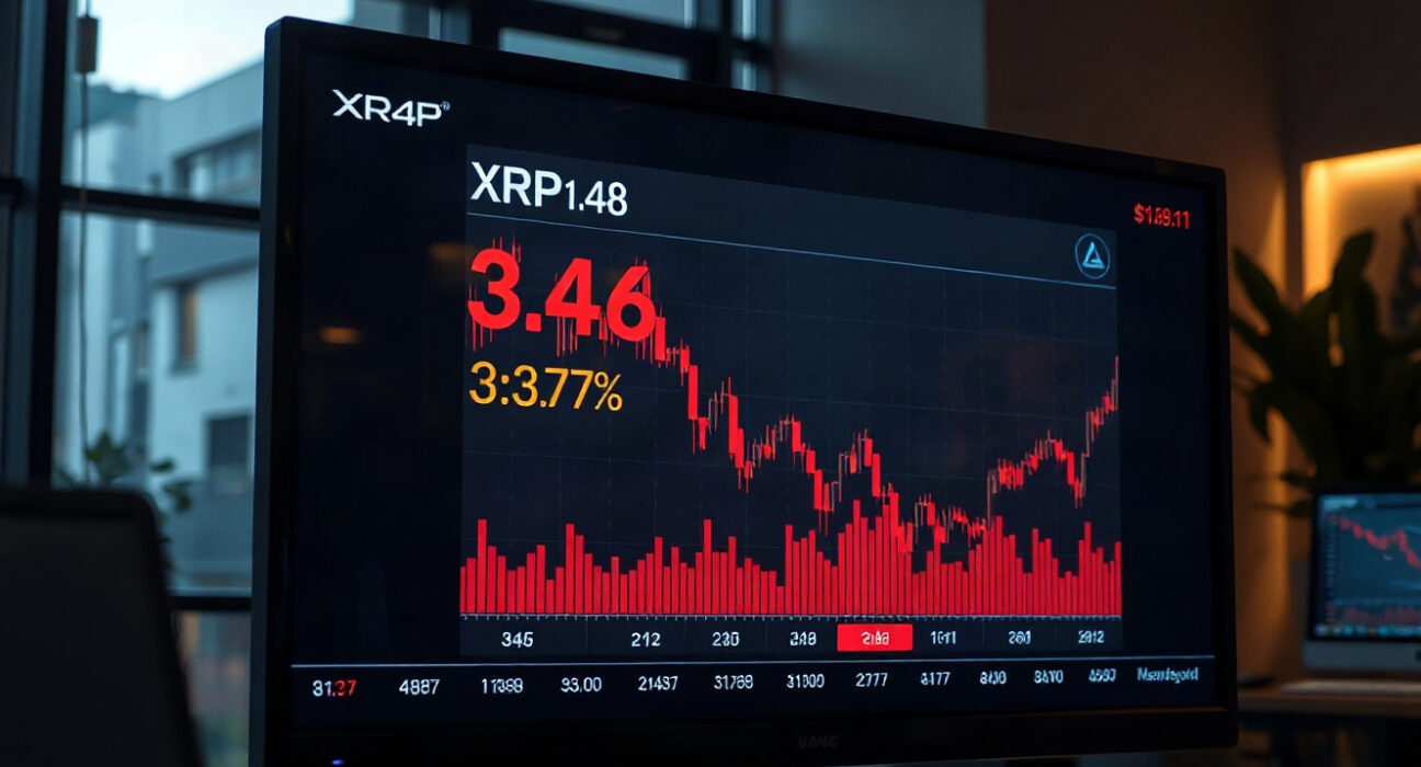 XRP price chart showing a 3.37% decline in five minutes, trading at $1.48