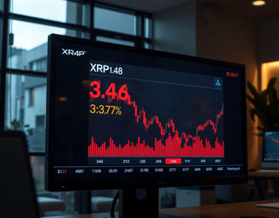 XRP price chart showing a 3.37% decline in five minutes, trading at $1.48