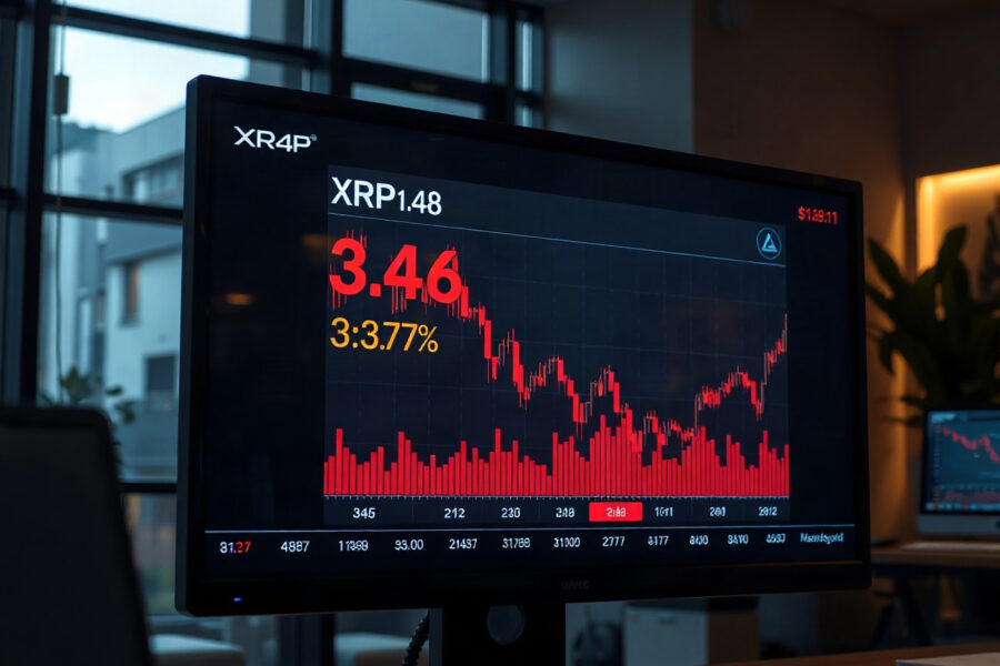 XRP price chart showing a 3.37% decline in five minutes, trading at $1.48