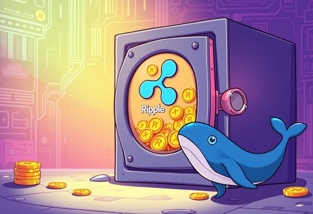 Cartoon illustration showing secure XRP escrow at Ripple, highlighting the locking of significant digital assets for market stability.