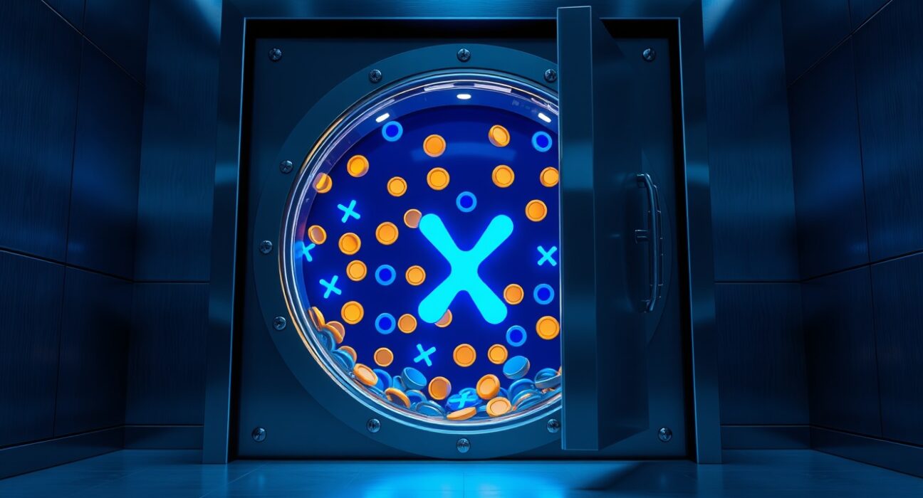A digital vault containing locked XRP tokens, representing the 400 million XRP escrow at Ripple.