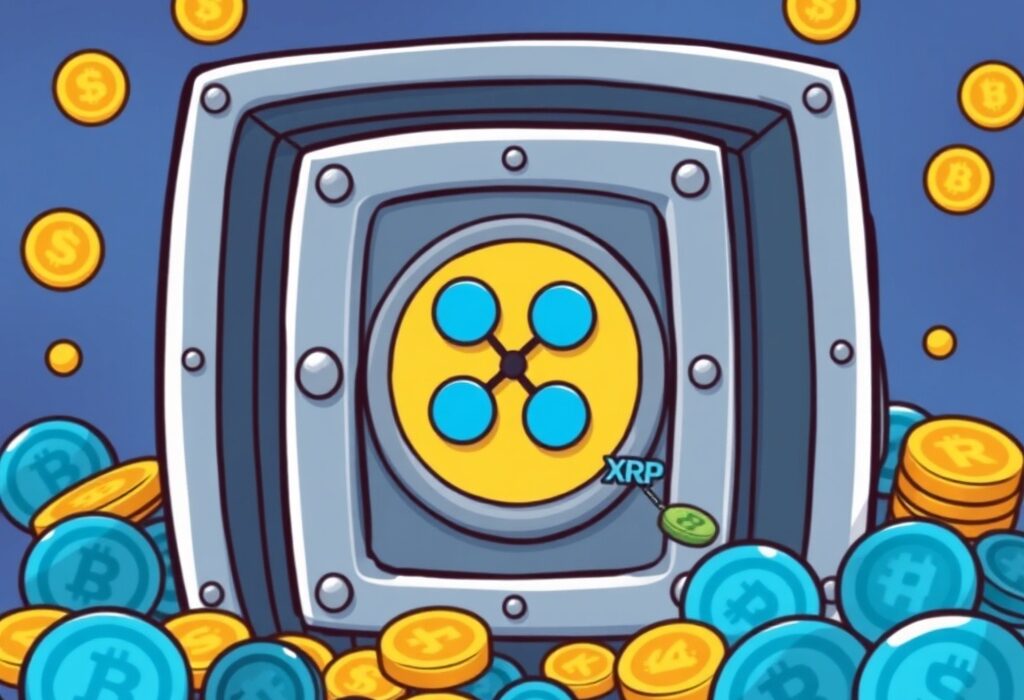A cartoon vault symbolizing the secure locking of XRP escrow, highlighting Ripple's strategic asset management and its impact on the digital asset market.