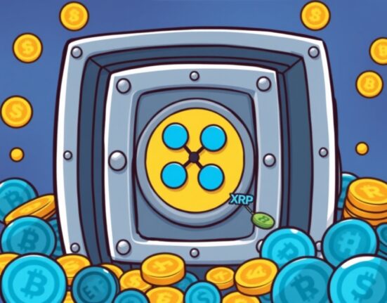 A cartoon vault symbolizing the secure locking of XRP escrow, highlighting Ripple's strategic asset management and its impact on the digital asset market.