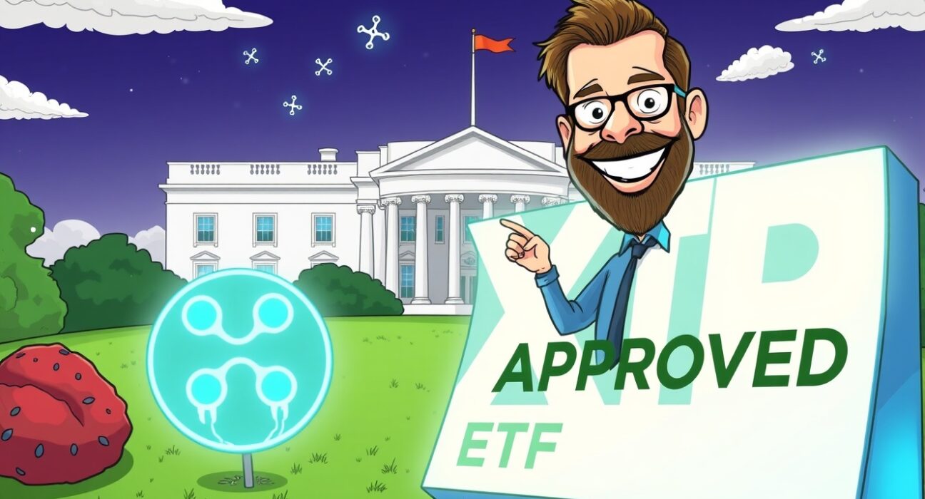 A cartoon illustration conveying the potential for XRP ETF approval and its significant role in future financial reserves.