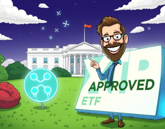 A cartoon illustration conveying the potential for XRP ETF approval and its significant role in future financial reserves.