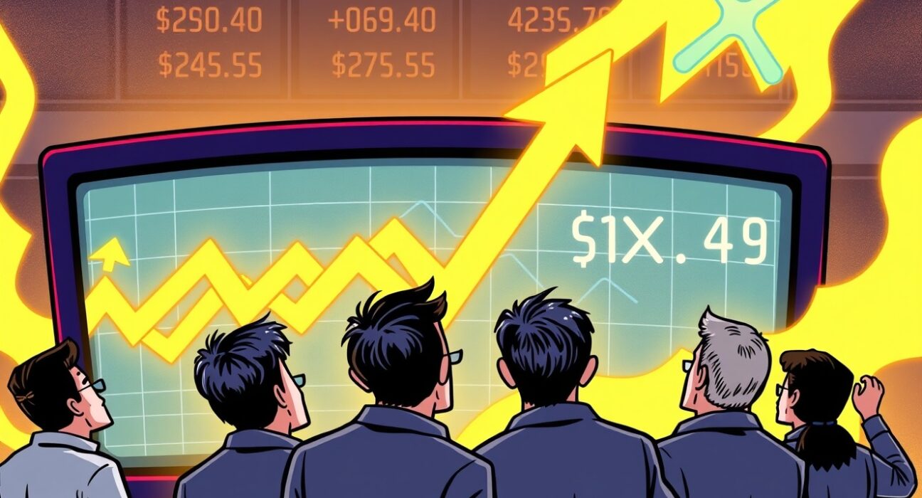A cartoon illustration showing the impressive debut trading volume of an XRP ETF, signaling a positive future for crypto investments.