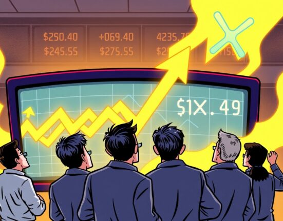 A cartoon illustration showing the impressive debut trading volume of an XRP ETF, signaling a positive future for crypto investments.