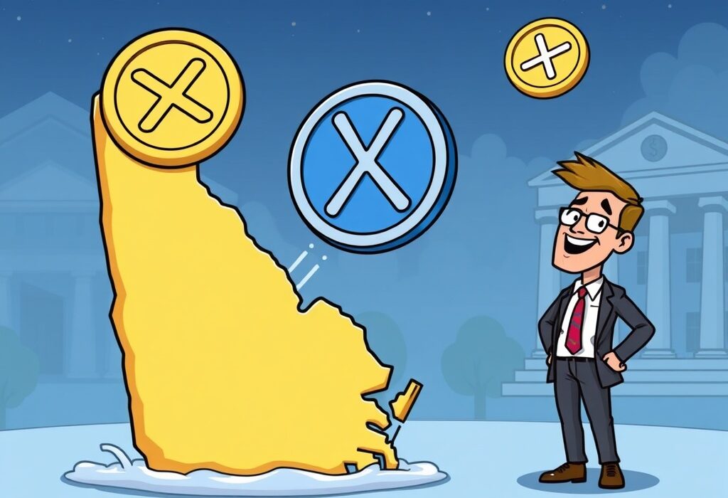 Cartoon showing an XRP coin rising from a Delaware map, symbolizing the 21Shares XRP ETF registration and its market impact.
