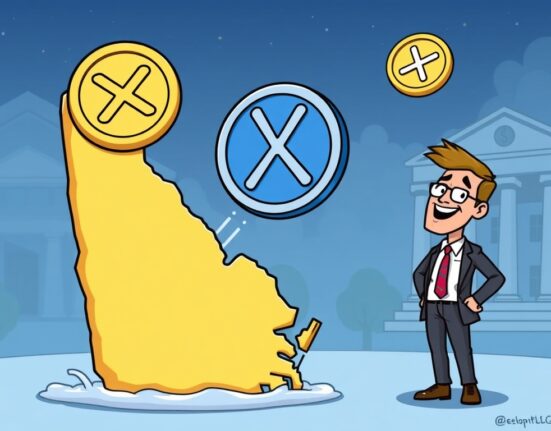 Cartoon showing an XRP coin rising from a Delaware map, symbolizing the 21Shares XRP ETF registration and its market impact.