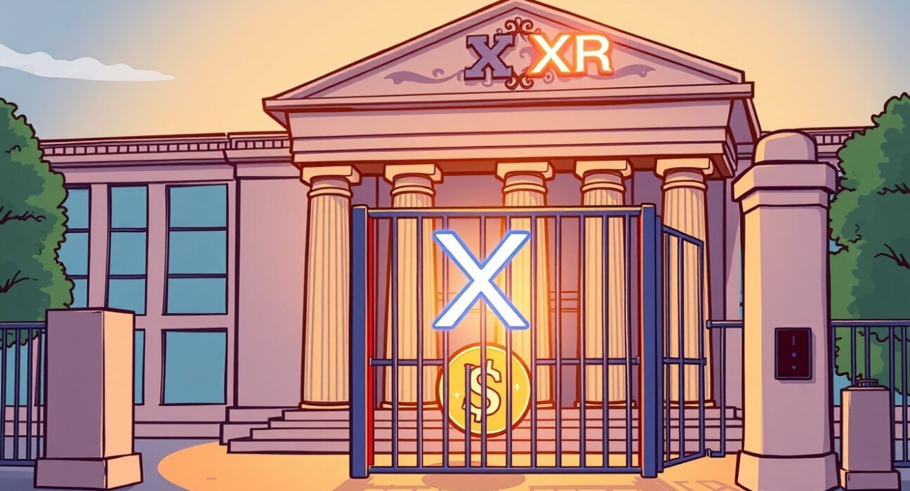 A cartoon image depicting a financial institution moving towards spot XRP ETF approval, symbolizing market progress for the spot XRP ETF.