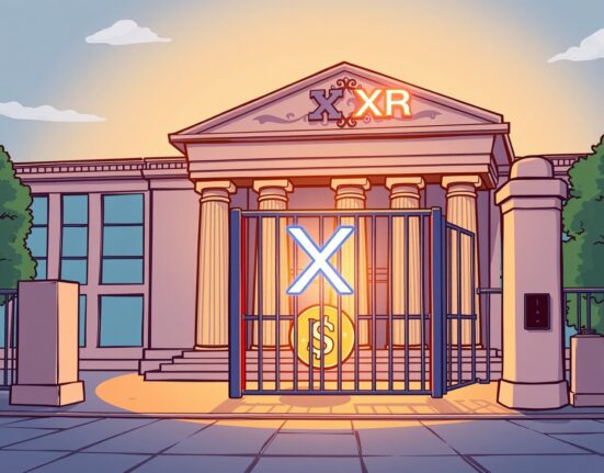 A cartoon image depicting a financial institution moving towards spot XRP ETF approval, symbolizing market progress for the spot XRP ETF.