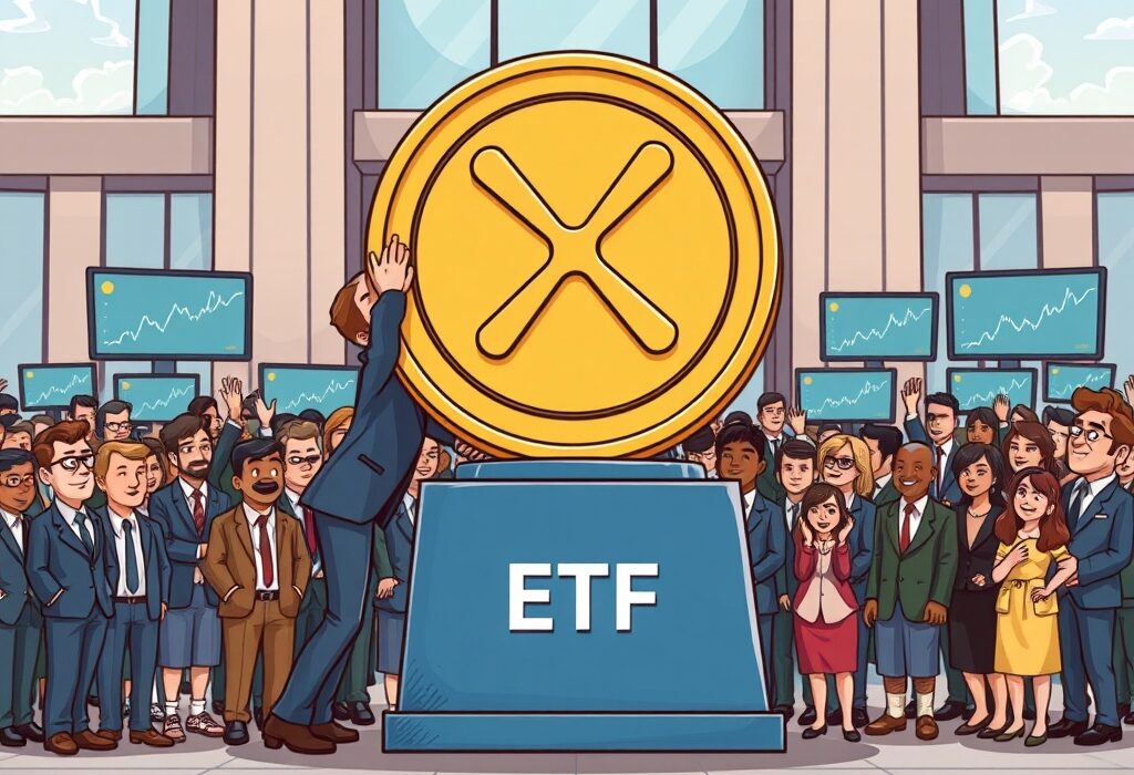 A cartoon illustration of professionals launching an XRP ETF, symbolizing a significant step in cryptocurrency investment.
