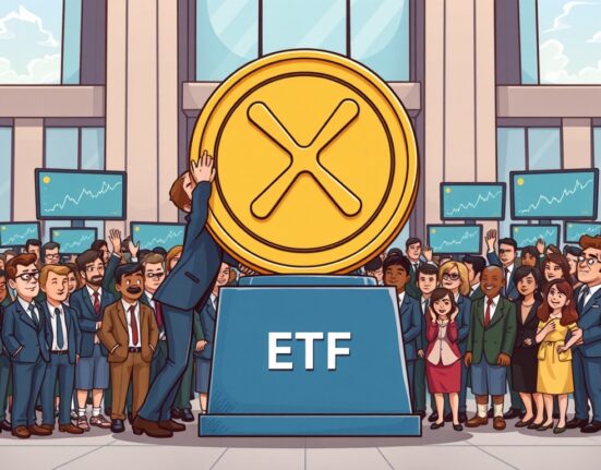 A cartoon illustration of professionals launching an XRP ETF, symbolizing a significant step in cryptocurrency investment.