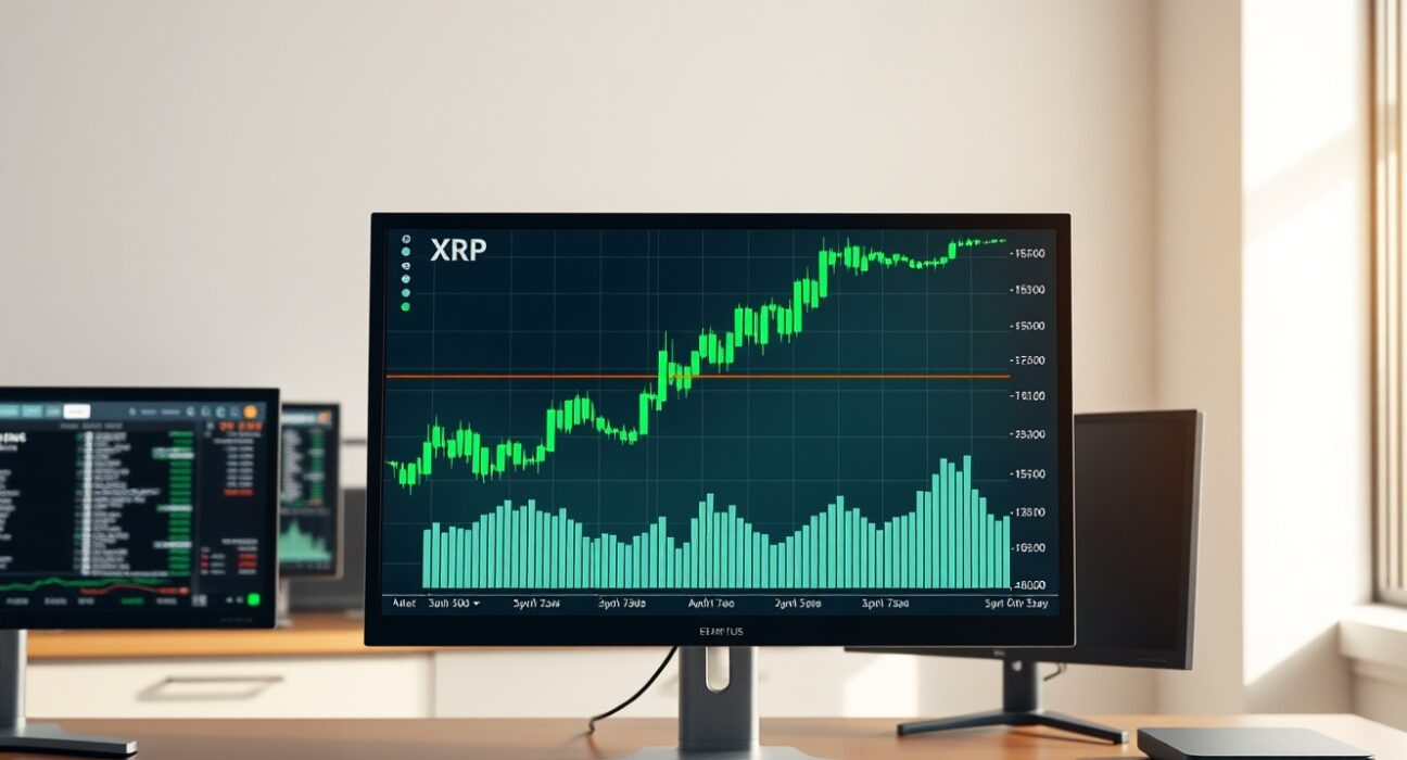 XRP cryptocurrency price chart showing upward trend on analyst monitor with ETF inflow data
