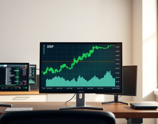 XRP cryptocurrency price chart showing upward trend on analyst monitor with ETF inflow data