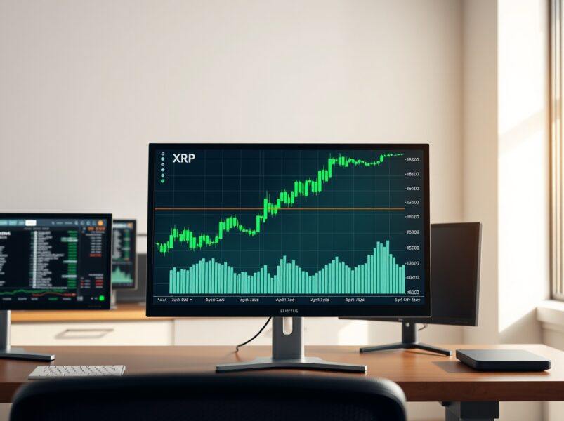 XRP cryptocurrency price chart showing upward trend on analyst monitor with ETF inflow data