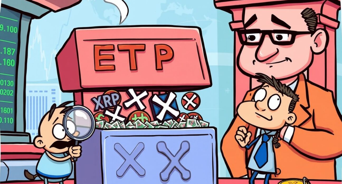 An investor examining a complex XRP ETF structure, symbolizing its unique exposure methods and regulatory navigation.