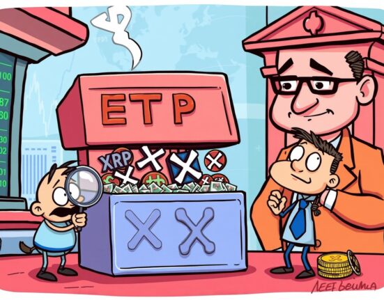 An investor examining a complex XRP ETF structure, symbolizing its unique exposure methods and regulatory navigation.
