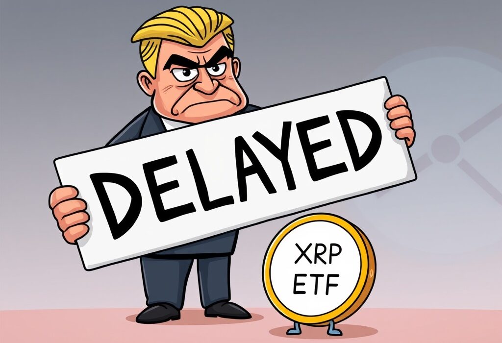 Cartoon showing the SEC delaying a decision on XRP ETFs, symbolizing regulatory caution and market anticipation.