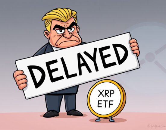 Cartoon showing the SEC delaying a decision on XRP ETFs, symbolizing regulatory caution and market anticipation.