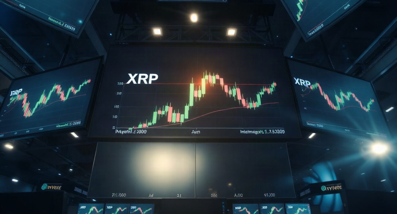Trading screens displaying XRP price charts on a professional trading floor