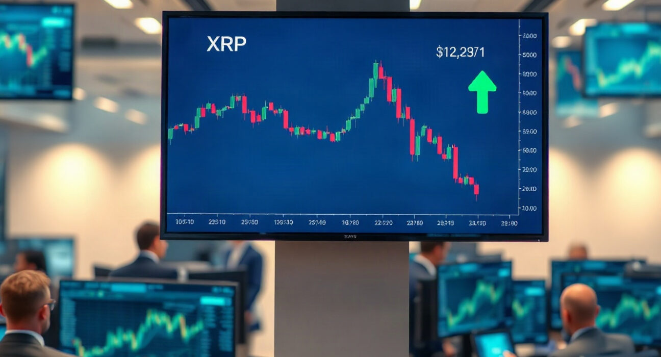 XRP price chart on trading screen with downward trend and green arrow indicating easing sell pressure