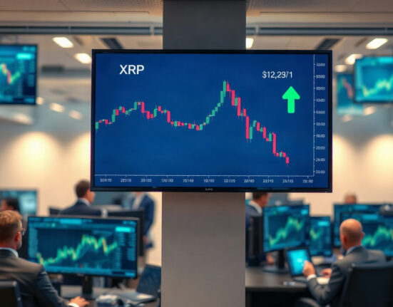 XRP price chart on trading screen with downward trend and green arrow indicating easing sell pressure