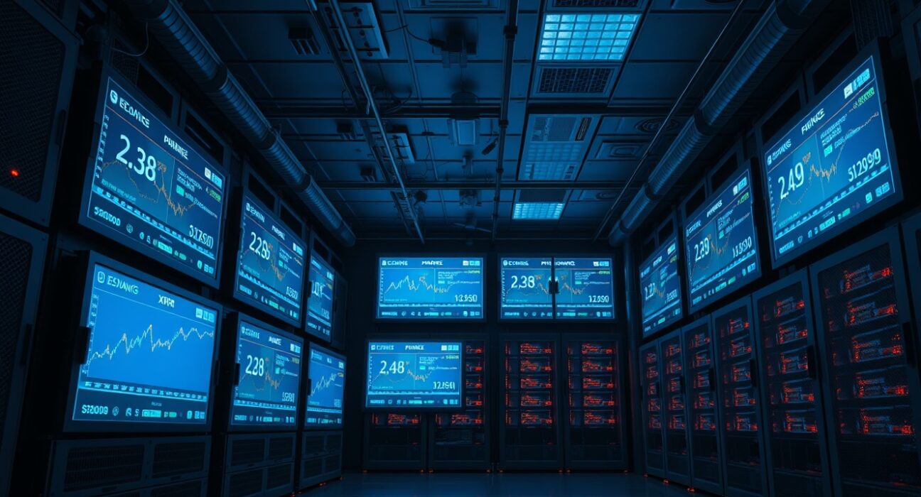 Server room with monitors showing XRP price charts and exchange balance data