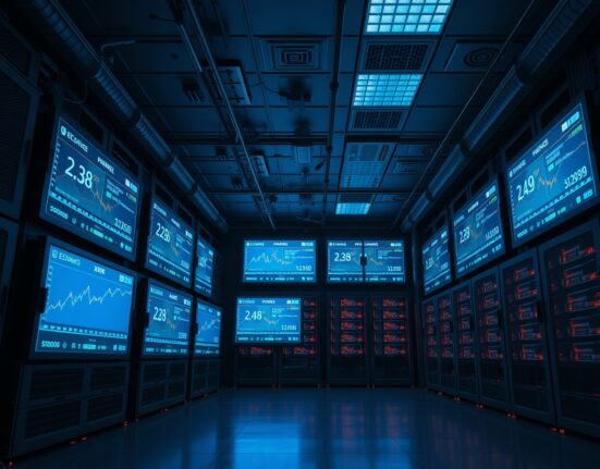 Server room with monitors showing XRP price charts and exchange balance data