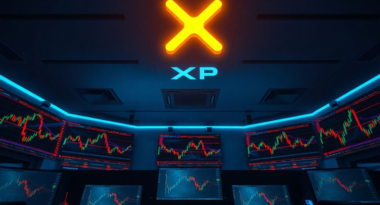 XRP logo hovering over trading monitors showing price charts in a dark room
