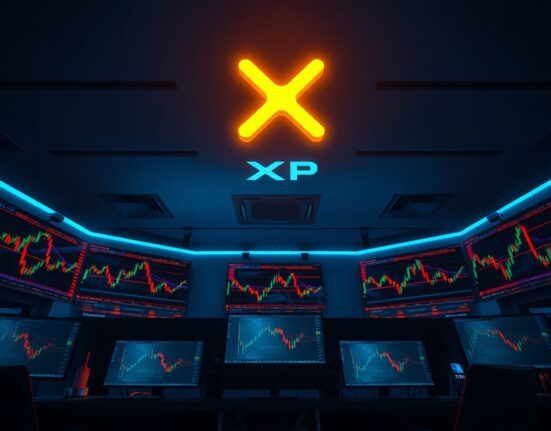XRP logo hovering over trading monitors showing price charts in a dark room