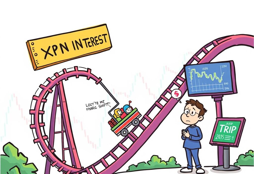 Cartoon illustration showing a sharp decline in XRP futures open interest, representing reduced market speculation and investor sentiment.