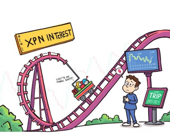 Cartoon illustration showing a sharp decline in XRP futures open interest, representing reduced market speculation and investor sentiment.