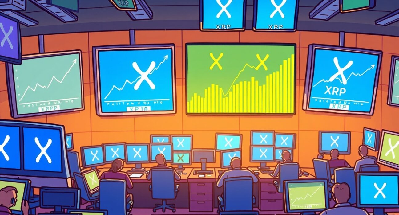 A vibrant cartoon showing a trading floor with charts soaring, symbolizing the significant XRP futures trading volume on CME.