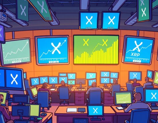 A vibrant cartoon showing a trading floor with charts soaring, symbolizing the significant XRP futures trading volume on CME.