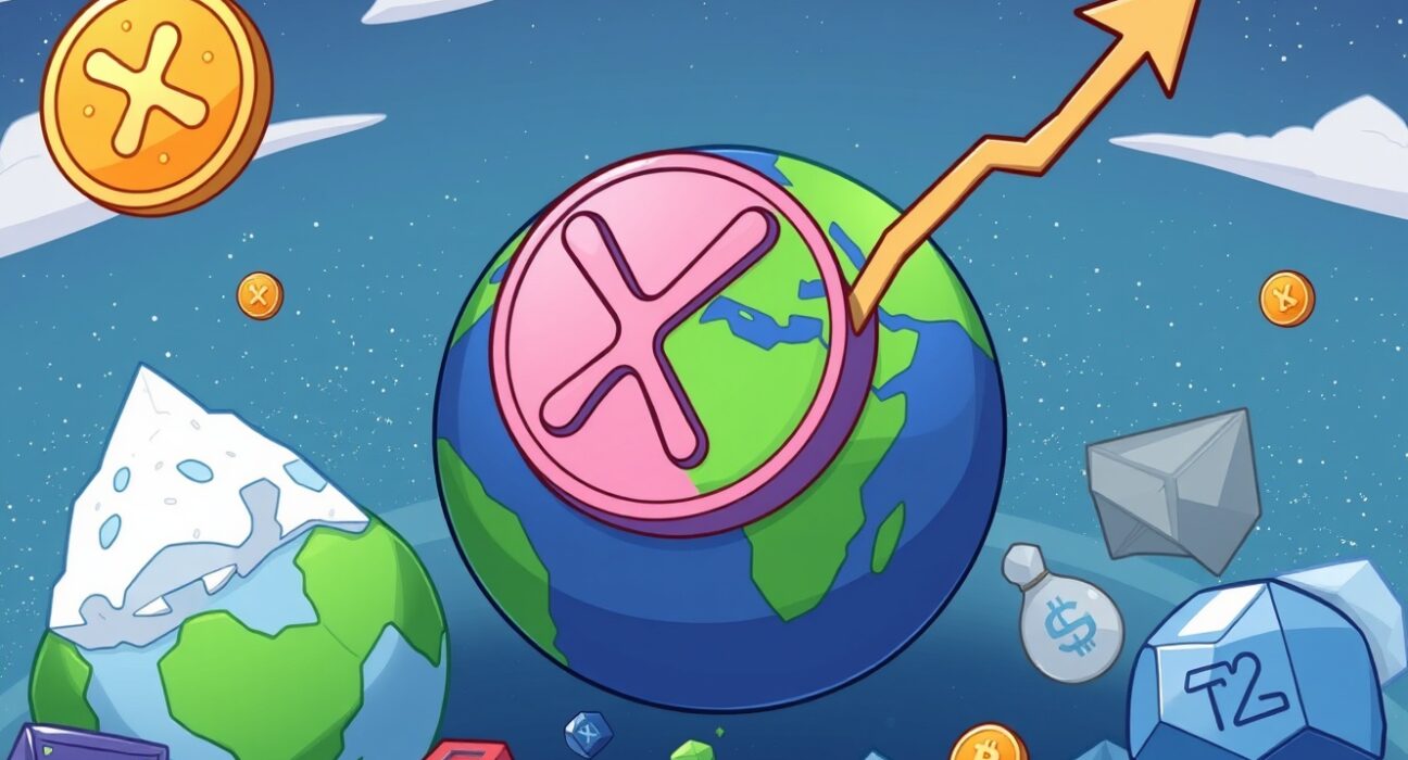 Cartoon illustration showing XRP's significant rise into the top 100 global assets by market cap, symbolizing its growing influence.