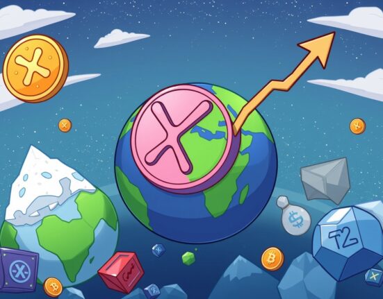 Cartoon illustration showing XRP's significant rise into the top 100 global assets by market cap, symbolizing its growing influence.