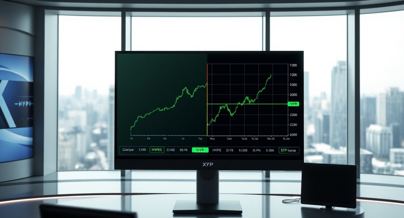Digital display showing positive XRP and HYPE ETF chart trends in a modern news studio