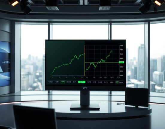 Digital display showing positive XRP and HYPE ETF chart trends in a modern news studio