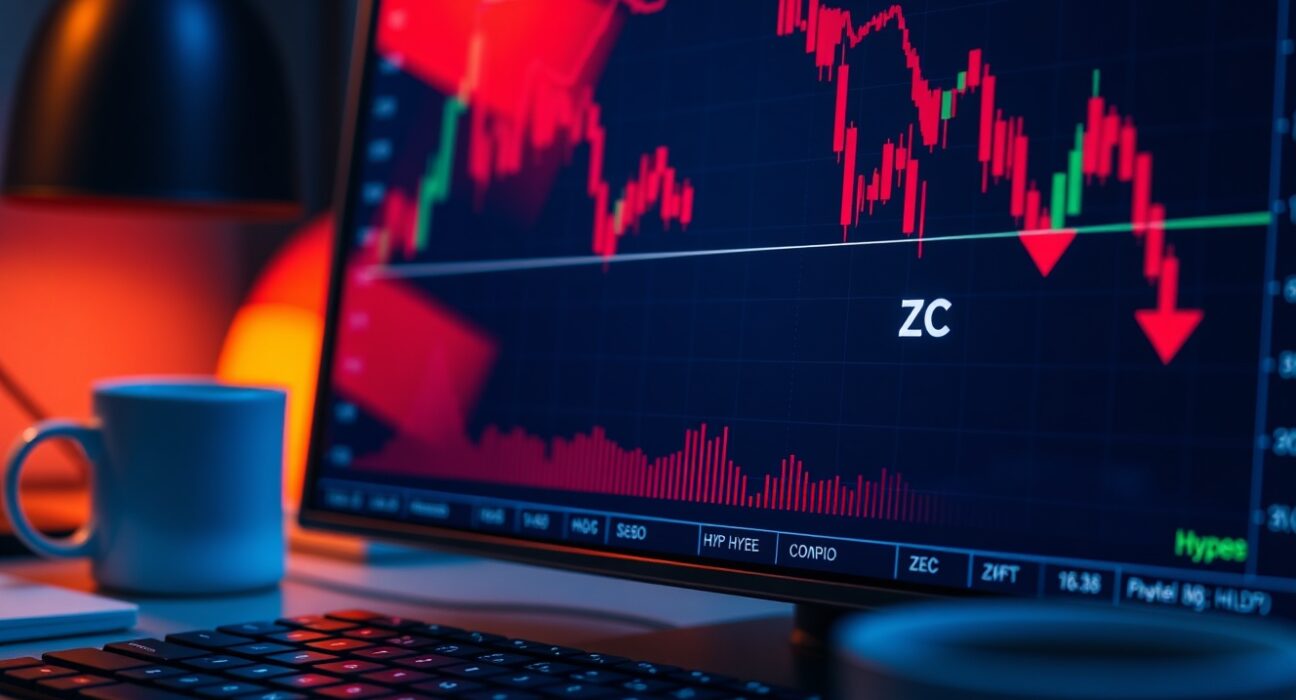 Trading screen showing bearish candlestick charts for XRP, HYPE, and ZEC with red arrows indicating decline.
